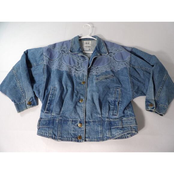 Vtg 90s Together Jean Jacket Sz Large Denim Eyelet Crochet Buttons READ - Picture 6 of 16